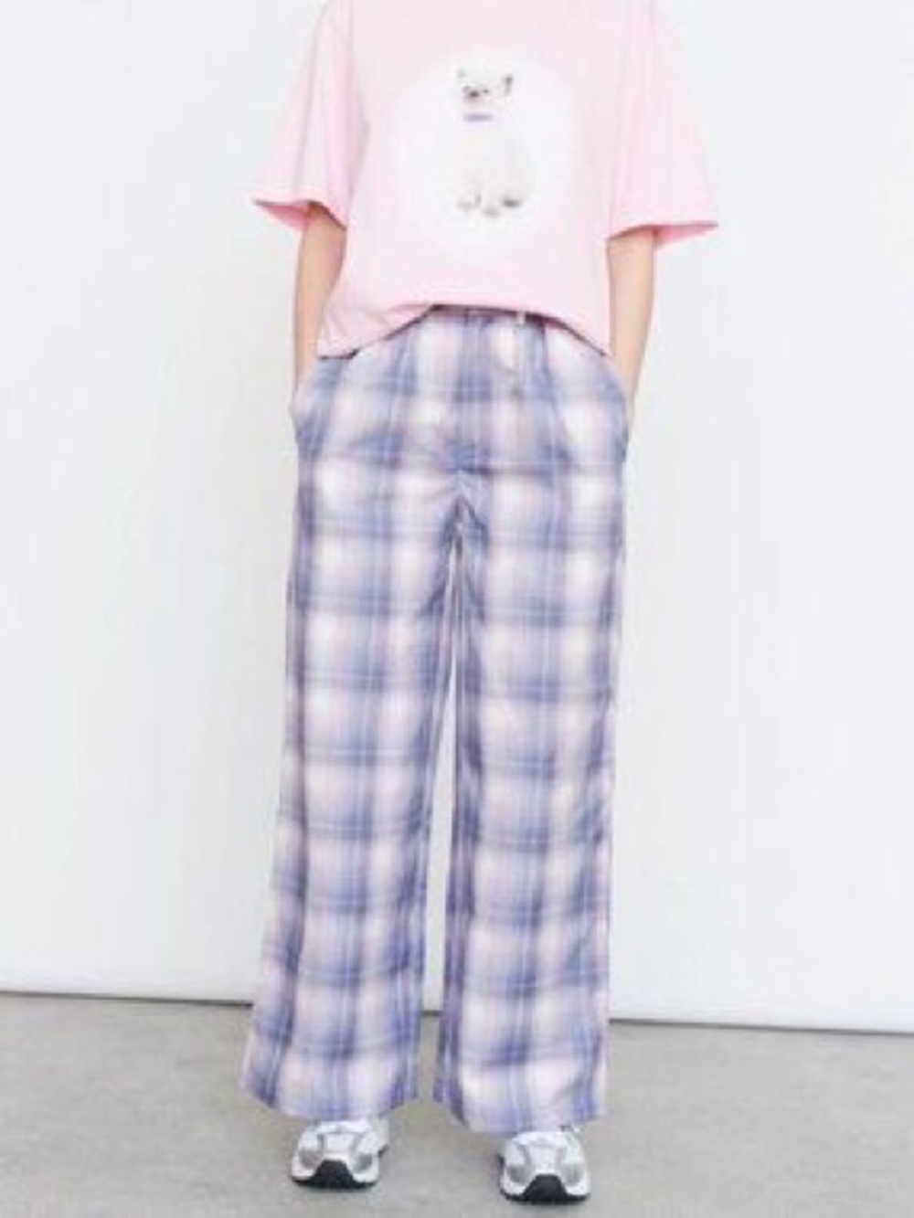 Lazy Oaf Girls Pink Tee with Lavender Plaid Pajama Bottoms